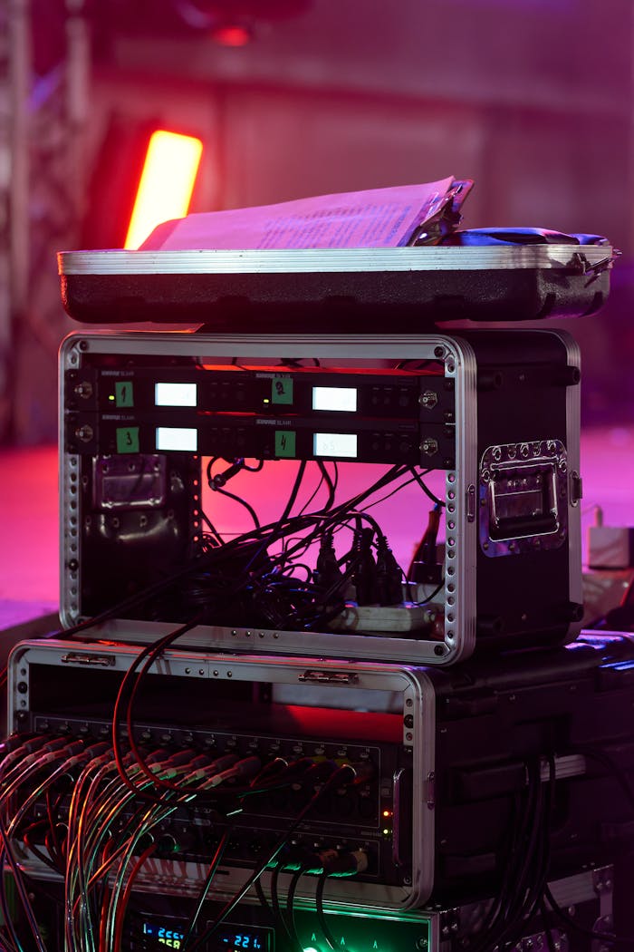 Close-up of audio equipment with colorful stage lights at a live event, showcasing professional sound gear.