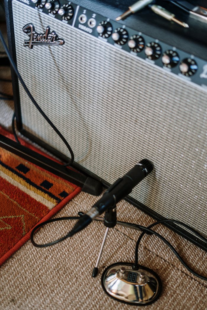 Close-up of a microphone and amplifier setup in a cozy home music studio.